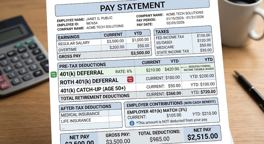 How 401(k) Contributions Appear on a Pay Stub
